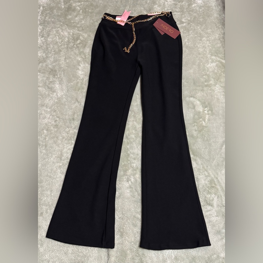 Chic Black Flare Pants with Gold Chain by Indero